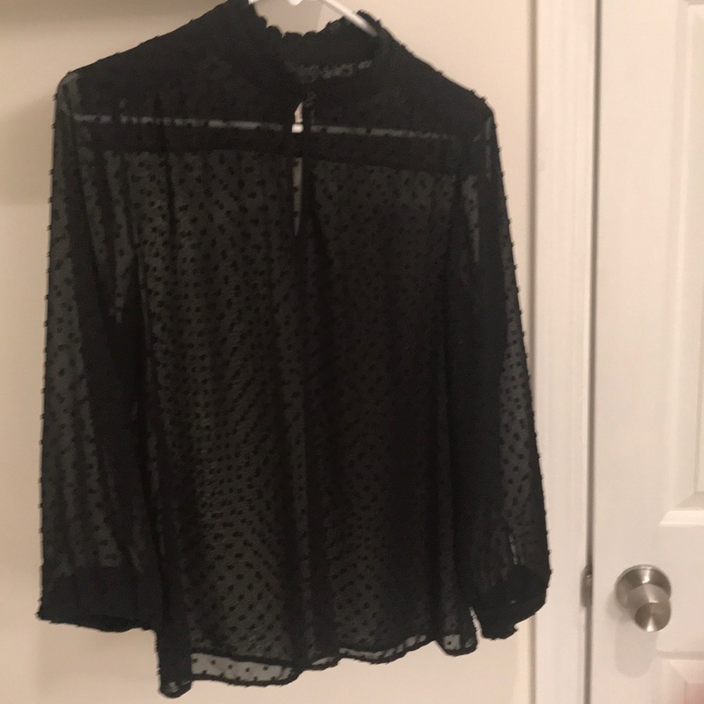 J Crew black sheer clip dot blouse.